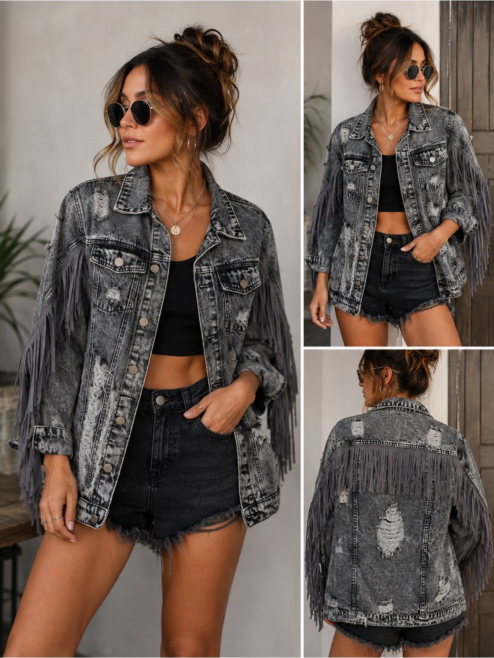 Frayed Fringe Washed Black Denim Jacket Women’s M Distressed Western Boho Y2K